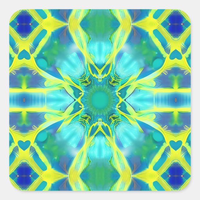 Aqua, Cobalt Blue and Yellow Tie Dye Pattern  Square Sticker (Front)