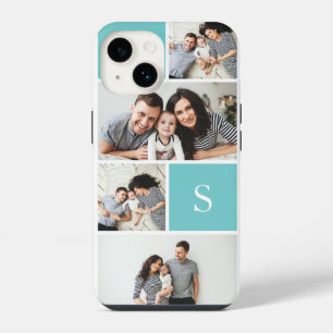 Aqua Colorblock Photo Collage & Monogram iPhone 14 Case