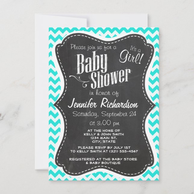 Aqua Colour Chevron; Vintage Chalkboard look Invitation (Front)