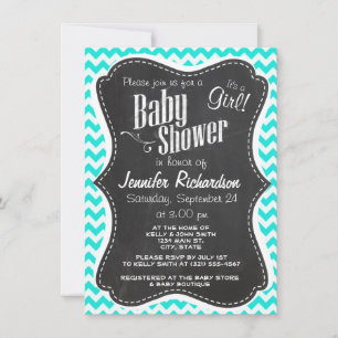 Aqua Colour Chevron; Vintage Chalkboard look Invitation