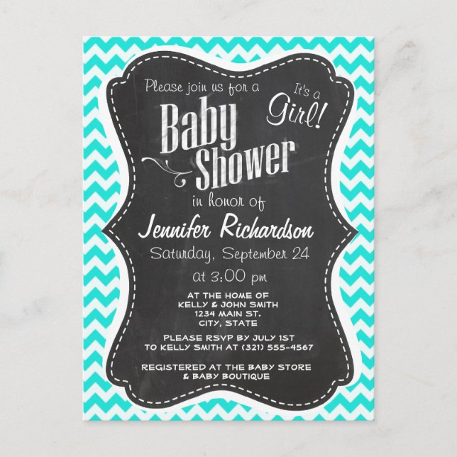 Aqua Colour Chevron; Vintage Chalkboard look Invitation Postcard (Front)