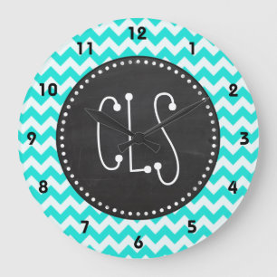Aqua Colour Chevron; Vintage Chalkboard look Large Clock