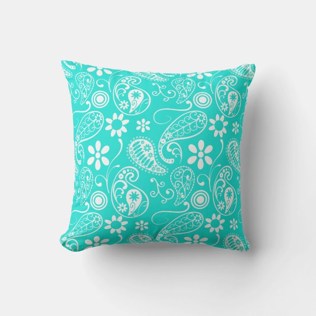 Aqua Colour Paisley; Floral Cushion (Front)