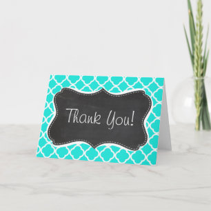 Aqua Colour Quatrefoil; Vintage Chalkboard look Thank You Card