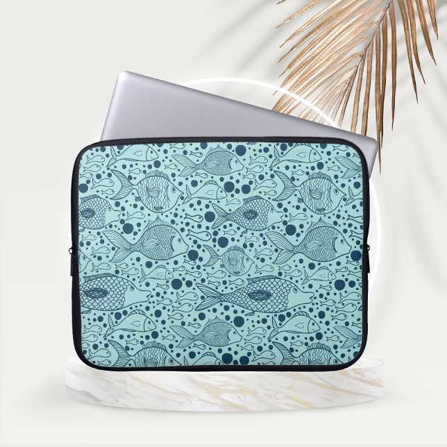Aqua Coloured Ocean Fish with Bubbles Laptop Sleeve (Aqua Colored Ocean Fish Laptop Sleeve)