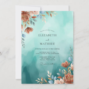Aqua Copper Blossom Wedding Invitation