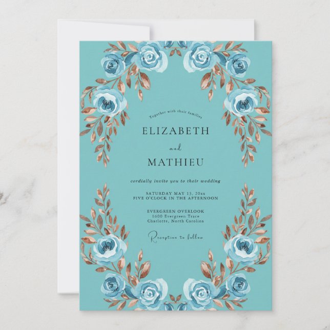 Aqua Copper Petal Wedding Invitation (Front)