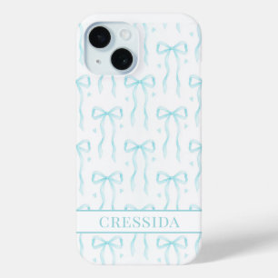Aqua Coquette Bows Monogrammed iPhone 15 Case