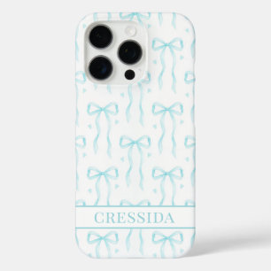Aqua Coquette Bows Monogrammed iPhone 16 Pro Case