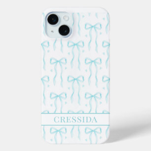 Aqua Coquette Bows Monogrammed iPhone 15 Mini Case