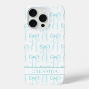 Aqua Coquette Bows Monogrammed iPhone 15 Pro Case