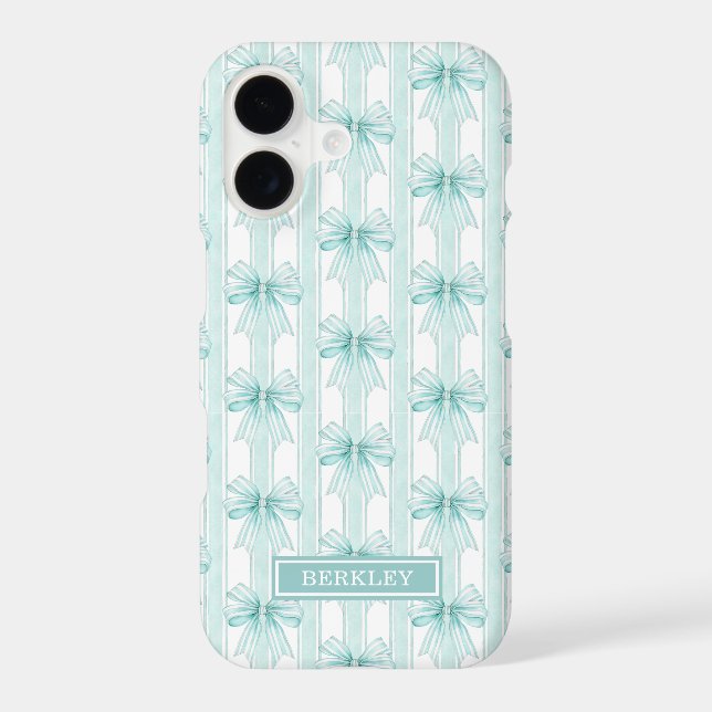 Aqua Coquette Bows on Stripes Monogrammed Case-Mat (Back)