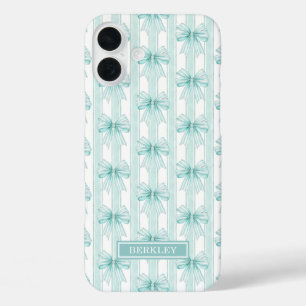 Aqua Coquette Bows on Stripes Monogrammed Case-Mat iPhone 16 Plus Case