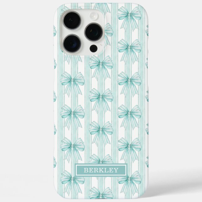 Aqua Coquette Bows on Stripes Monogrammed Case-Mate iPhone Case (Back)