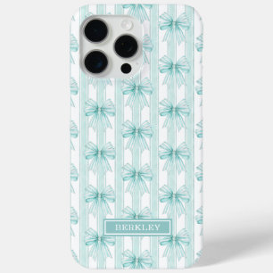 Aqua Coquette Bows on Stripes Monogrammed iPhone 15 Pro Max Case