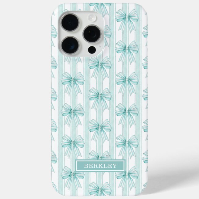 Aqua Coquette Bows on Stripes Monogrammed Case-Mate iPhone Case (Back)