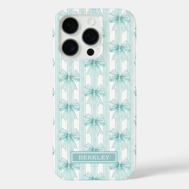 Aqua Coquette Bows on Stripes Monogrammed Case-Mate iPhone Case (Back)