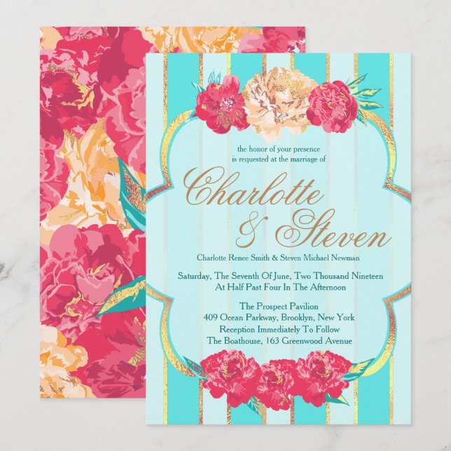 Aqua, Coral and Gold, Floral, Wedding Invitations (Front/Back)