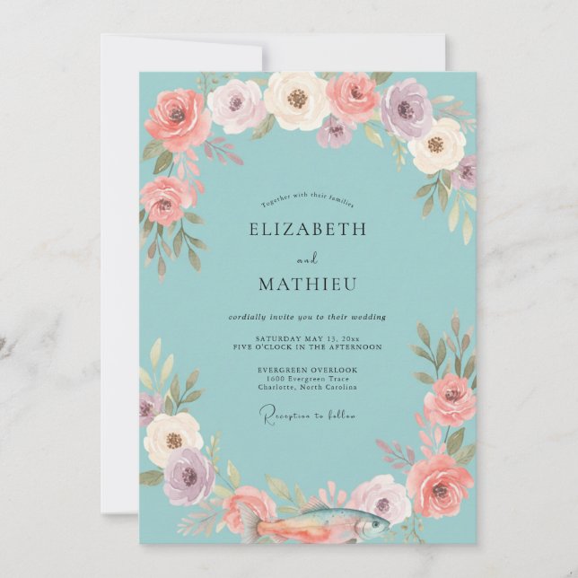 Aqua Coral Blossom Wedding Invitation (Front)