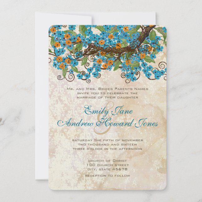 Aqua & Coral Cherry Blossom Tea Stain Invitations (Front)