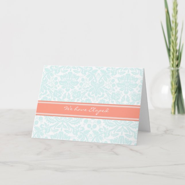 Aqua Coral Damask Elopement Announcement Card (Front)