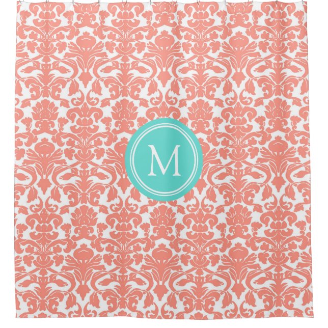 Aqua Coral Damask Monogram Shower Curtain (Front)