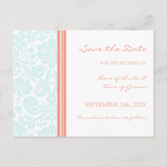 Aqua Coral Damask Save the Date Wedding Postcard (Front)