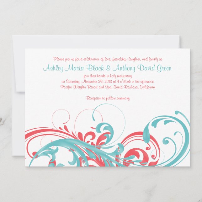 Aqua Coral Floral Destination Wedding Invitation (Front)