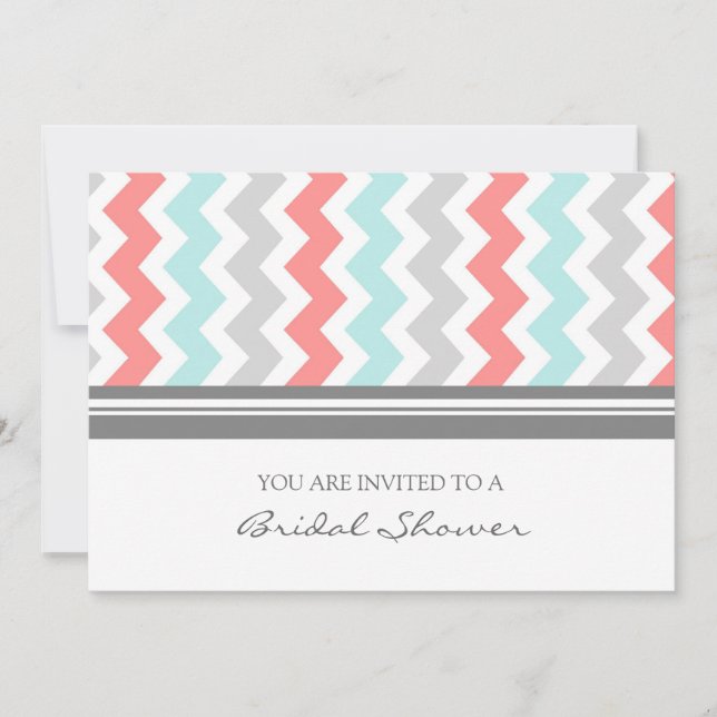 Aqua Coral Grey Chevron Bridal Shower Invitation (Front)