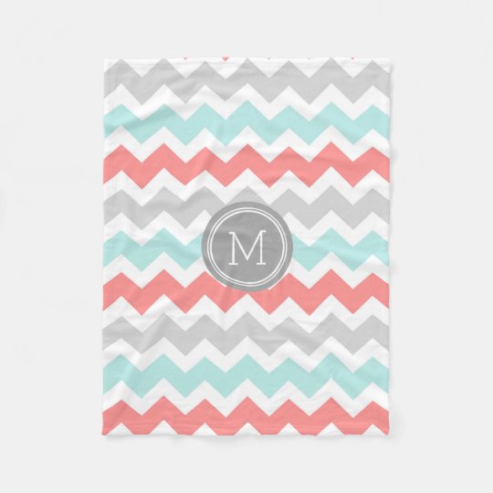 Aqua Coral Grey Chevron Pattern Monogram Blanket