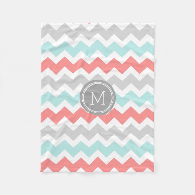 Aqua Coral Grey Chevron Pattern Monogram Blanket (Front)