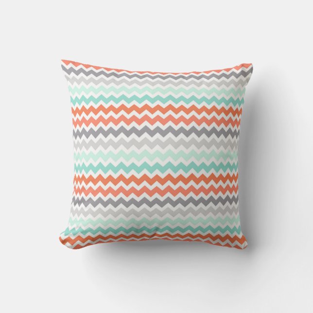 Aqua Coral Grey Teal Chevron Decorative Pillow (Front)