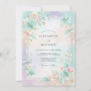 Aqua Coral Leafy Wedding Invitation