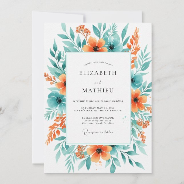 Aqua Coral Lively Spring Wedding Invitation (Front)
