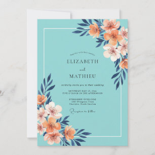 Aqua Coral Painted Wedding Invitation