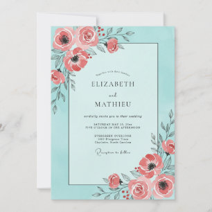 Aqua Coral Ranunculus Eucalyptus Wedding Invitation