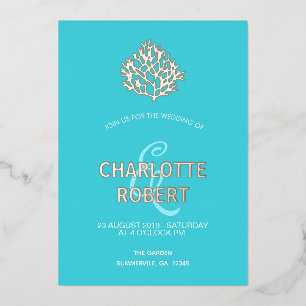 Aqua Coral Reef Modern Minimal Beach Wedding Gold
