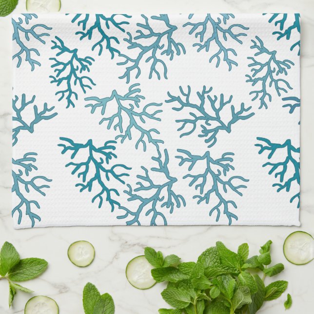 Aqua Coral Reef patterns Tea Towel (Folded)