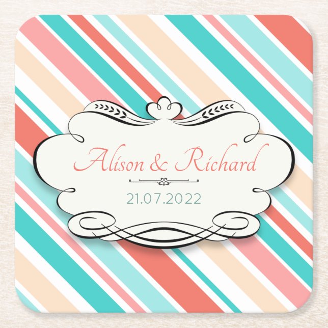 Aqua & Coral Square Paper Coaster (Front)