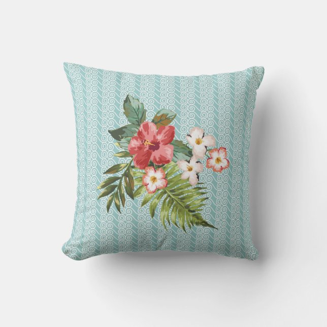 Aqua/Coral Tropical Floral Ocean Wave Pattern Cushion (Front)