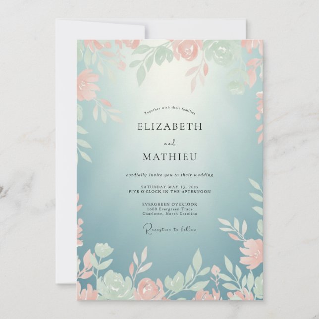 Aqua Coral Vine Wedding Invitation (Front)
