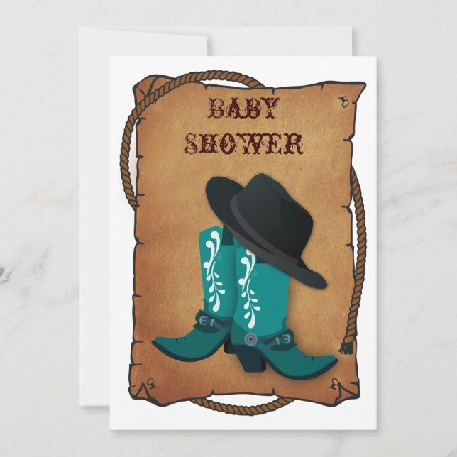 aqua cowboy boots western mummy baby shower invitation (Front)