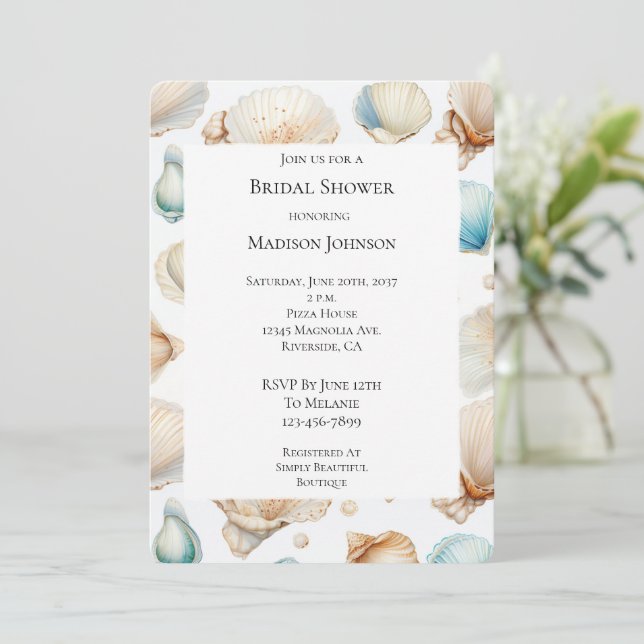 Aqua Cream Beach Shells Bridal Shower Invitation (Standing Front)
