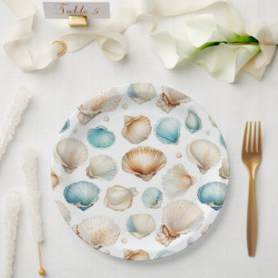 Aqua Cream Beach Shells Bridal Shower Paper Plate