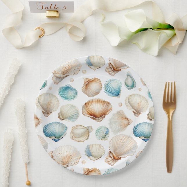 Aqua Cream Beach Shells Bridal Shower Paper Plate (Wedding)