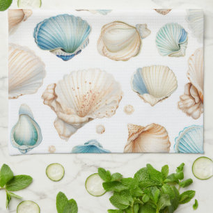 Aqua Cream Beach Shells Bridal Shower Tea Towel