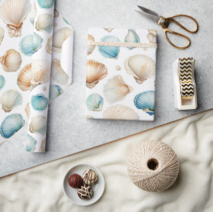 Aqua Cream Beach Shells Bridal Shower Wrapping Paper
