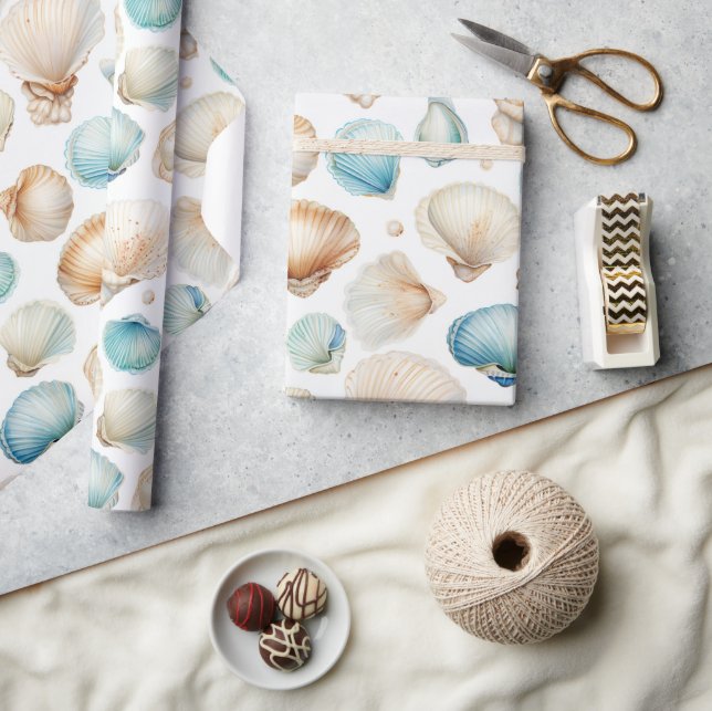 Aqua Cream Beach Shells Bridal Shower Wrapping Paper (Crafts)
