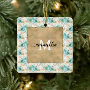 Aqua Cream Gold Floral Black Monogram       Ceramic Ornament
