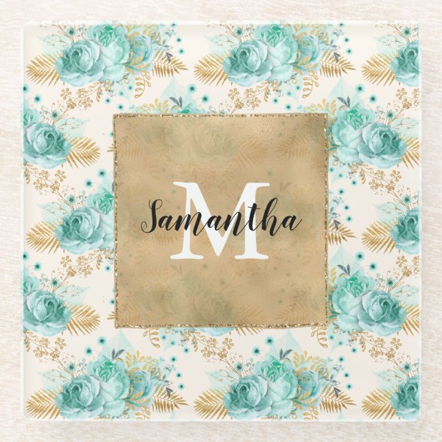 Aqua Cream Gold Floral Black Monogram         Glass Coaster (Front)